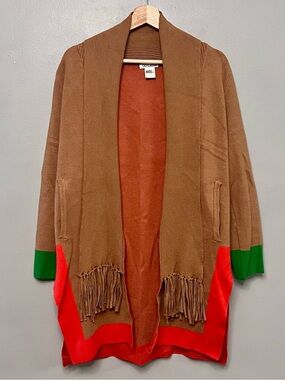 OO LALA Colorblock Fringe Long Cardigan Sweater Tan Red Green XS Boho
